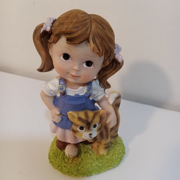 Tender Times Figurine Little Girl With Cat Blue Pink 4.5" Resin Felt Bottom - Picture 5 of 7
